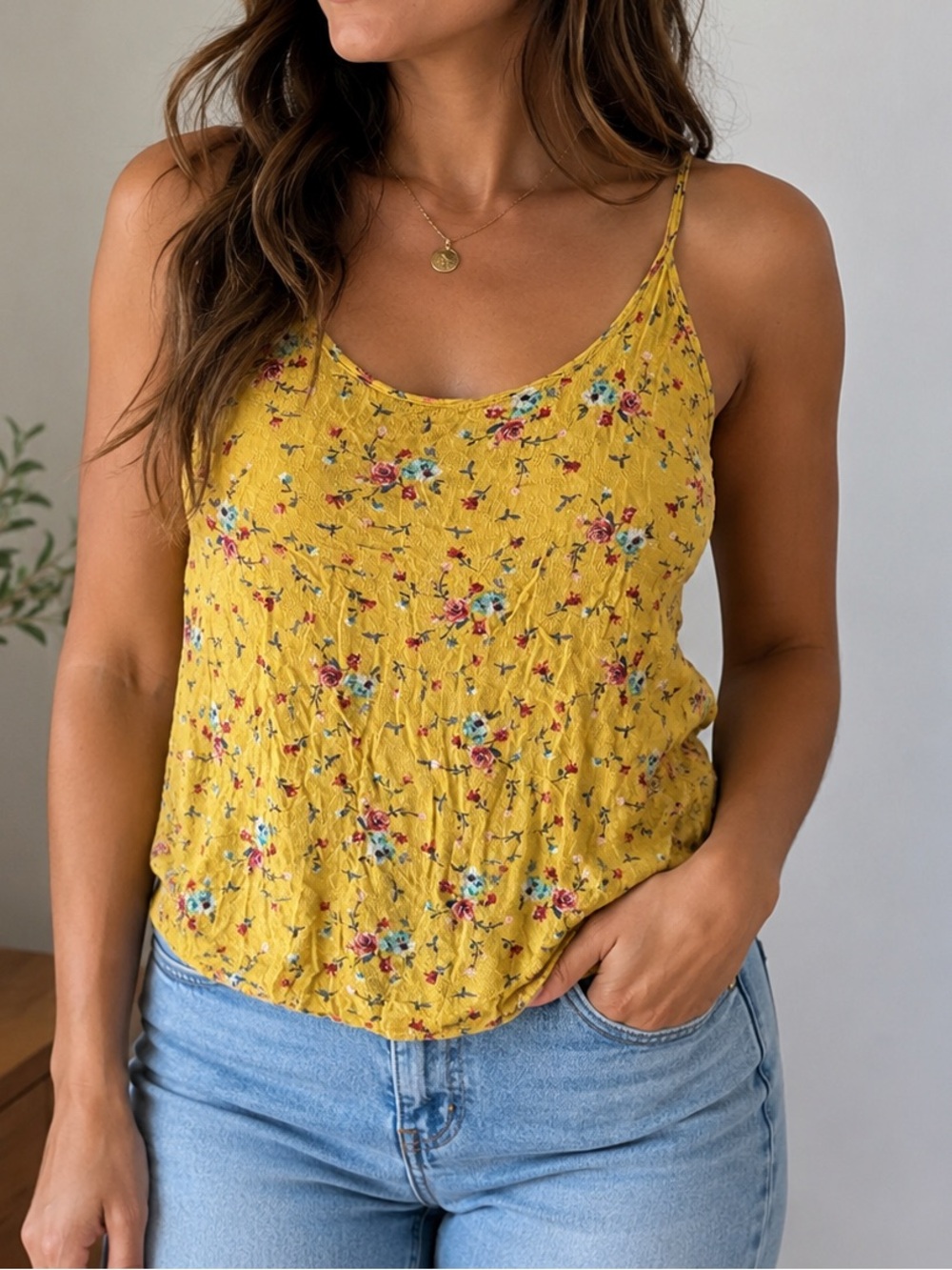 Le Lis Mustard Yellow Floral Crinkle Cami Tank Top Size S Boho Rayon